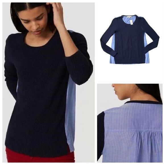 Loft Mixed Media Pin Striped Back Knit Front Sweater Top Size Extra Small NWT - Picture 1 of 9